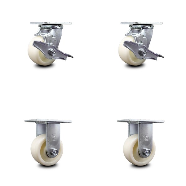 4 Inch Nylon Caster Set with Roller Bearings 2 Brakes 2 Rigid